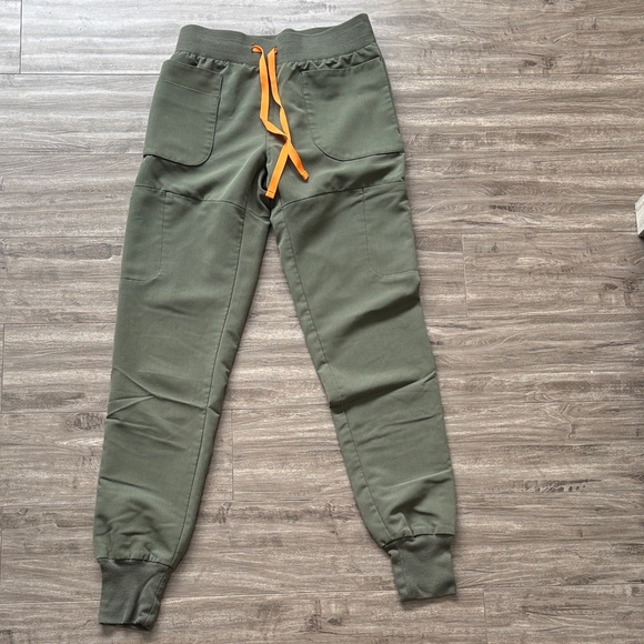 Figs Pants - Figs Olive Green Jogger Pants with Orange Drawstring